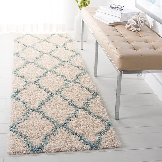 SAFAVIEH Dallas Shag Collection 2'3" x 8' Ivory / Seafoam SGDS257J Trellis Non-Shedding Living Room Bedroom Dining Room Entryway Plush 1.5-inch Thick Runner Rug