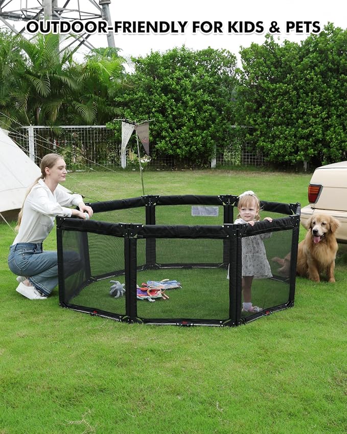 Dearlomum Extra Wide Baby Gate Playpen with Heat-Resistant Mesh,8 Panel Foldable Baby Fence,Indoor/Outdoor Safety Barrier,Dog Playpen & Fireplace Baby Gate