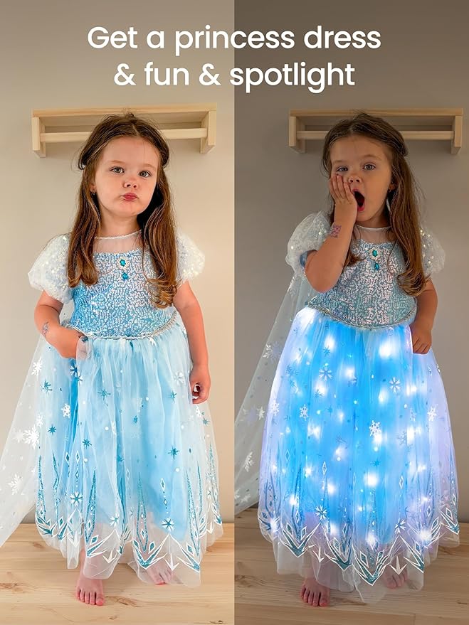 Princess Dresses for Girls Toddler Princess Costume Dress Up Clothes for Girls Halloween Costume with Cape for Christmas, Birthday, Party, LED Light No Assembly Needed, 130