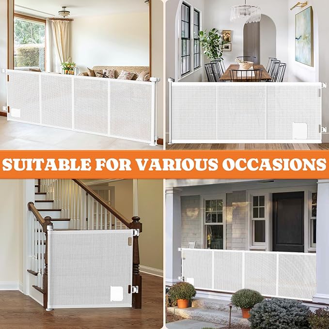 Pawtners Retractable Baby Gates Extra Wide, 41" Tall Extends up to 200" Wide, Dog Gate Indoor with Cat Door for Stairs, Pet Gate with Support Rods for Doorways Hallways Indoor & Outdoor-White