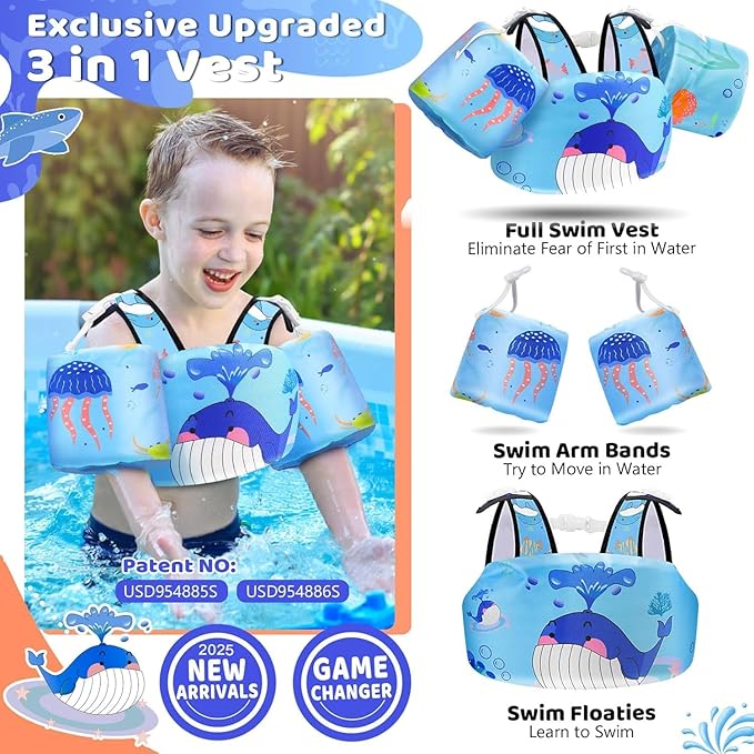 Vvinca Separable Toddler Swim Vest Fit 22-66 Lbs（1-6 Years）|2025 Newest 3 in 1 Pool Float & Arm Bands Boys and Girls, Adjustable Sturdy Safety for Infant 1 2 3 4 5 6 Year