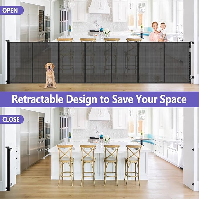 Reinforced 42" Tall Retractable Dog Gate, 155" Extra Long Retractable Baby Gate with Support Rods - Prevent Crawling Under, Indoor/Outdoor Retractable Gate Extra Tall Baby Gate Retractable Fence/Black