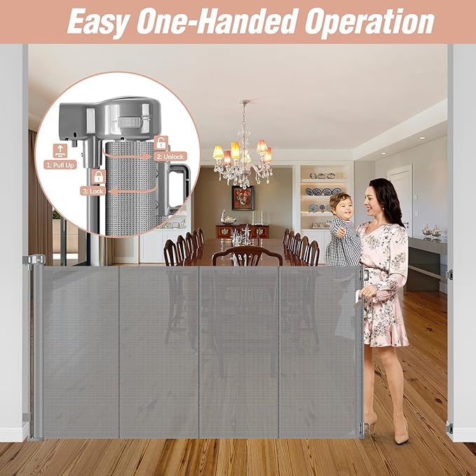 Reinforced 42" Extra Tall x 75" Wide Retractable Baby Gates with Support Rods - Prevent Crawling under Extra Tall Pet Gate Indoor Mesh Baby Gate Tall Baby Gates for Dogs Outdoor Retractable Gate, Gray