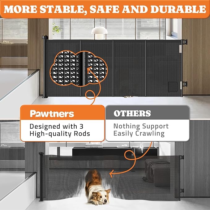 Pawtners Retractable Baby Gates Extra Wide, 41" Tall Extends up to 71" Wide, Dog Gate Indoor with Cat Door for Stairs, Pet Gate with Support Rods for Doorways Hallways Indoor & Outdoor-Black