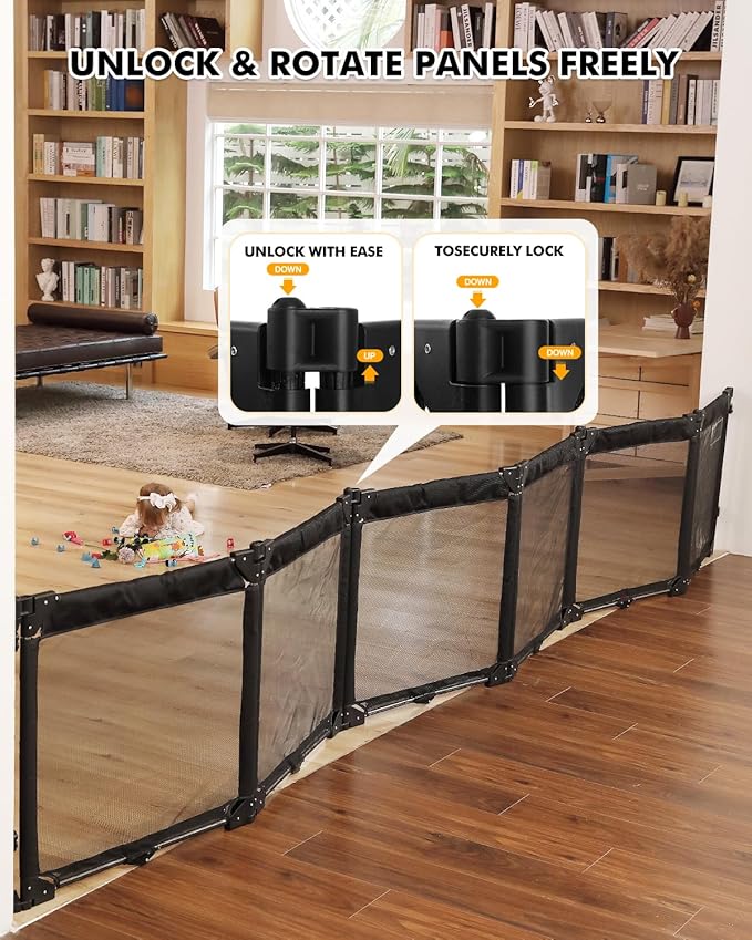 Dearlomum Extra Wide Baby Gate Playpen with Heat-Resistant Mesh,6 Panel Foldable Baby Fence,Indoor/Outdoor Safety Barrier,Dog Playpen & Fireplace Baby Gate