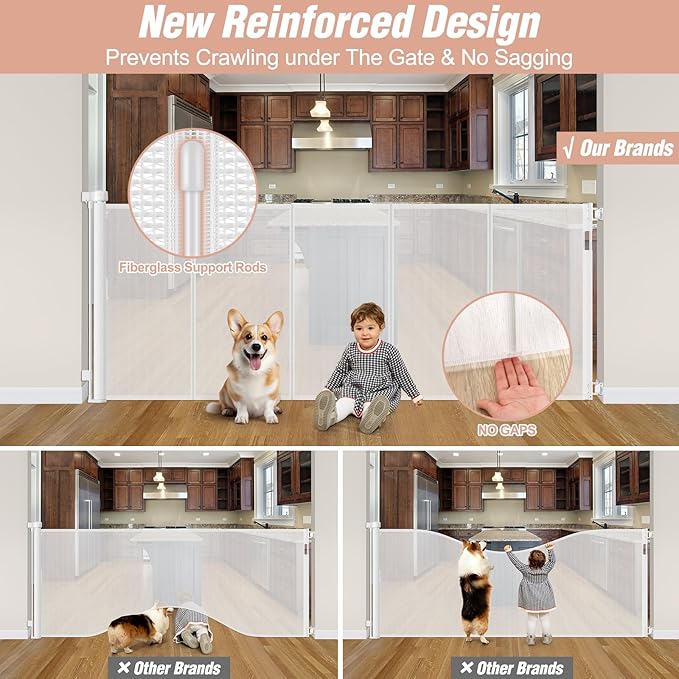 Reinforced 42" Extra Tall x 75" Wide Retractable Gate with Support Rods - Prevent Crawling Under Extra Tall Baby Gate Retractable Dog Gate Indoor Long Dog Gate Outdoor Retractable Pet Gate, White