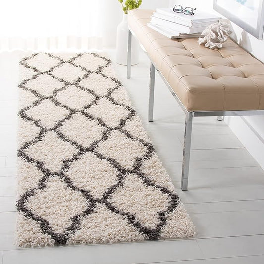 SAFAVIEH Dallas Shag Collection 2'3" x 10' Ivory / Dark Grey SGDS257H Trellis Non-Shedding Living Room Bedroom Dining Room Entryway Plush 1.5-inch Thick Runner Rug