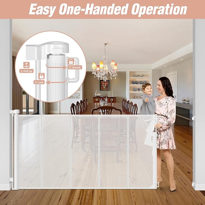 Reinforced 42" Extra Tall x 75" Wide Retractable Gate with Support Rods - Prevent Crawling Under Extra Tall Baby Gate Retractable Dog Gate Indoor Long Dog Gate Outdoor Retractable Pet Gate, White