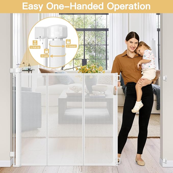 Reinforced 42" Extra Tall Retractable Baby Gates Extra Tall Dog Gate with Support Rods, 55" Wide Mesh Baby Gate Retractable Pet Gate Indoor/Outdoor Tall Baby Gates for Dogs - Bottom Anti-Escape, White