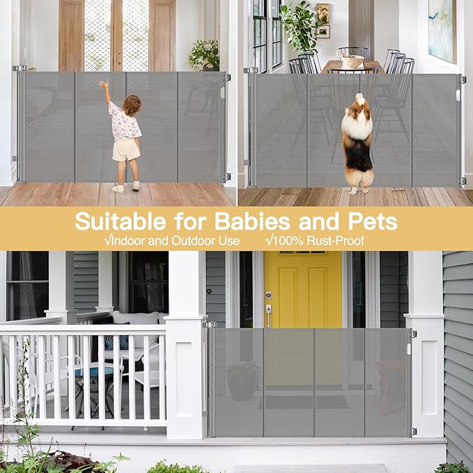 Reinforced 42" Extra Tall Baby Gate 55" Wide Retractable Dog Gate with Support Rods - Bottom Anti-Escape, Extra Tall Pet Gate Indoor Stair Gate Retractable Gates for Dogs Outdoor Gates for Decks, Gray