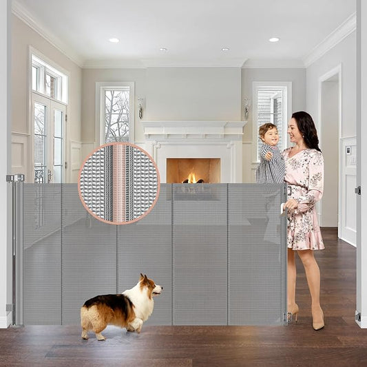 Reinforced 42" Extra Tall x 75" Wide Retractable Baby Gates with Support Rods - Prevent Crawling under Extra Tall Pet Gate Indoor Mesh Baby Gate Tall Baby Gates for Dogs Outdoor Retractable Gate, Gray