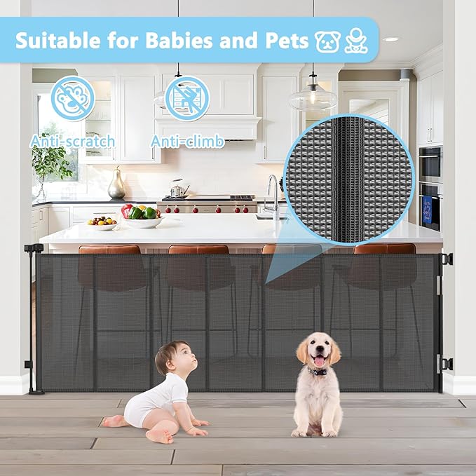Reinforced Bottom 120 Inch Retractable Baby Gates Extra Wide Baby Gates for Large Openings 10 Ft Retractable Dog Gates for Doorways Extra Wide Outdoor Retractable Gates for Dogs Extra Long Pet Gate