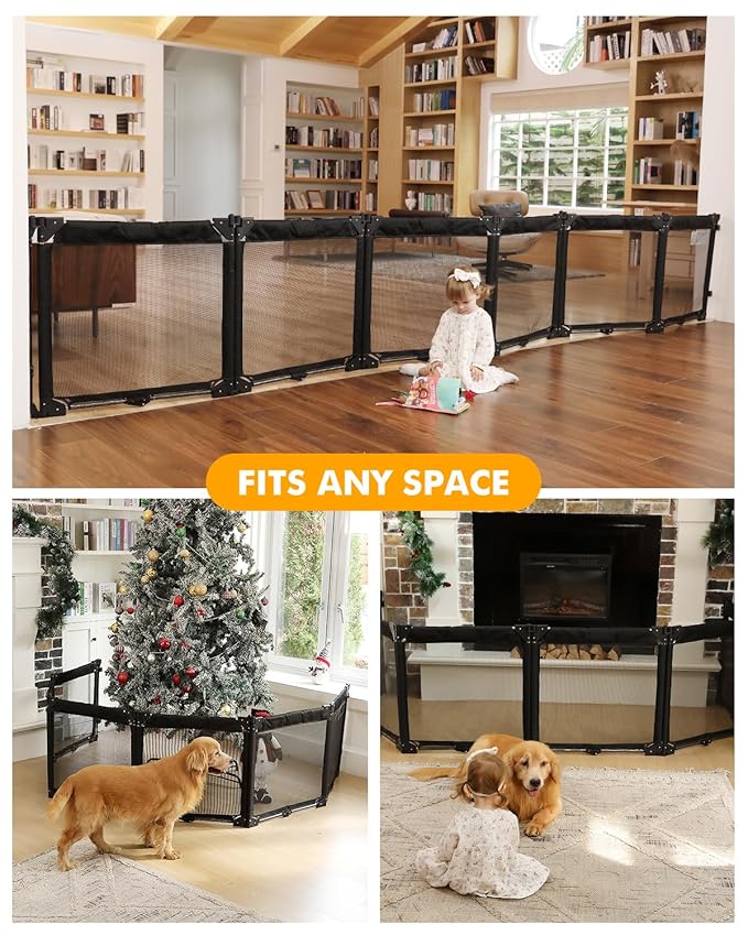Dearlomum Extra Wide Baby Gate Playpen with Heat-Resistant Mesh,6 Panel Foldable Baby Fence,Indoor/Outdoor Safety Barrier,Dog Playpen & Fireplace Baby Gate