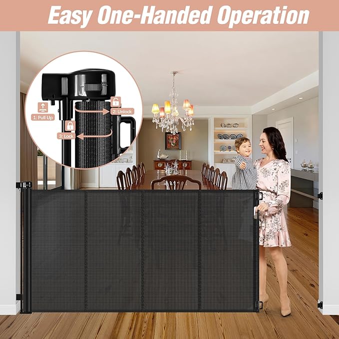 Reinforced 42" Extra Tall x 75" Wide Retractable Baby Gate with Support Rods - Prevents Crawling Under Extra Tall Dog Gate Indoor Mesh Gate Outdoor Long Baby Gate Tall Dog Gates for Doorways, Black