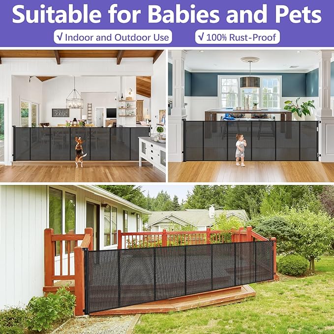 Reinforced 42 Inch Extra Tall Pet Gate with Support Rods, 96" Wide Retractable Baby Gate, Prevent Crawling Under Extra Tall Retractable Dog Gate Indoor Retractable Gate Outdoor Gates for Decks, Black