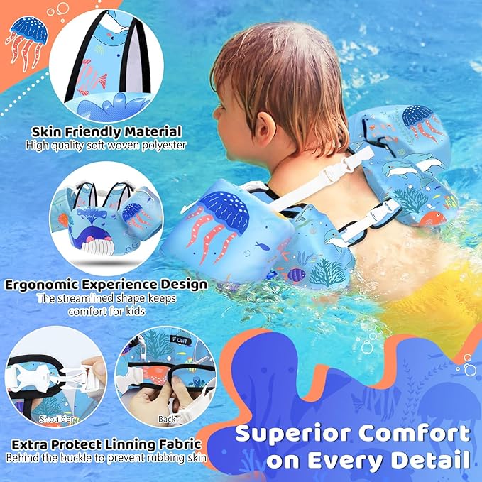 Vvinca Separable Toddler Swim Vest Fit 22-66 Lbs（1-6 Years）|2025 Newest 3 in 1 Pool Float & Arm Bands Boys and Girls, Adjustable Sturdy Safety for Infant 1 2 3 4 5 6 Year