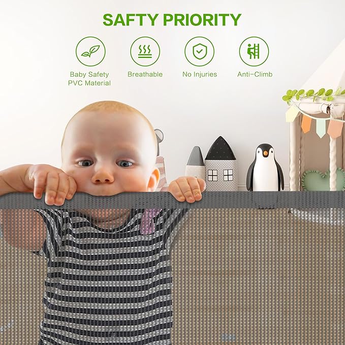 Retractable Baby Gate, Mesh Baby Extra Wide Gate to Prevent from Crawling Underneath, 34" Tall, Extends up to 140" Wide, Mesh Dog Gate for Garage, Play Area, Deck, Indoor/Outdoor