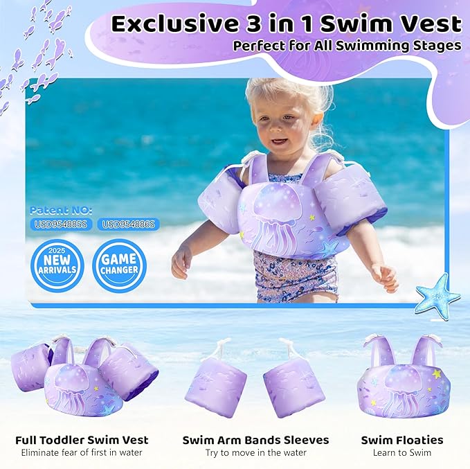 Vvinca Separable Toddler Swim Vest Fit 22-66 Lbs（1-6 Years）|2025 Newest 3 in 1 Pool Float & Arm Bands Boys and Girls, Adjustable Sturdy Safety for Infant 1 2 3 4 5 6 Year