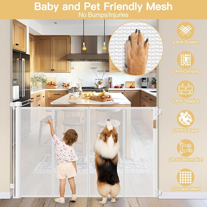Reinforced 42" Extra Tall Retractable Baby Gates Extra Tall Dog Gate with Support Rods, 55" Wide Mesh Baby Gate Retractable Pet Gate Indoor/Outdoor Tall Baby Gates for Dogs - Bottom Anti-Escape, White