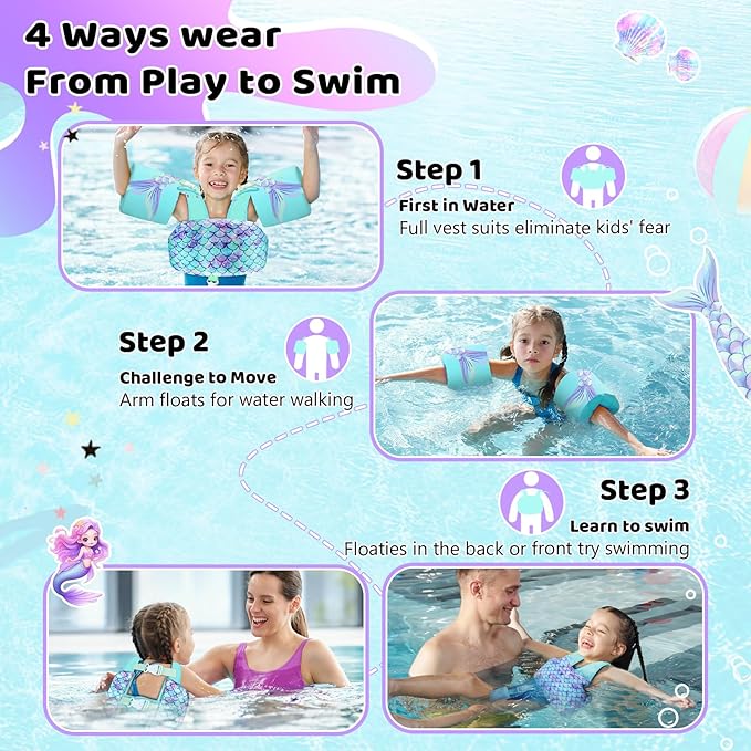 Vvinca Separable Toddler Swim Vest Fit 22-66 Lbs（1-6 Years）|2025 Newest 3 in 1 Pool Float & Arm Bands Boys and Girls, Adjustable Sturdy Safety for Infant 1 2 3 4 5 6 Year
