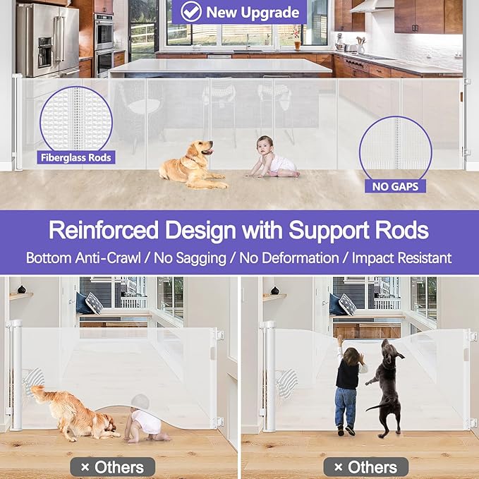 Reinforced 42" Extra Tall Retractable Baby Gates 96" Wide Retractable Dog Gate with Support Rods-Prevent Crawling Under Long Baby Gate Extra Tall Dog Gate Indoor/Outdoor Tall Baby Gates for Dogs/White