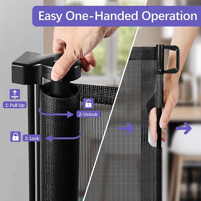 Reinforced 42 Inch Extra Tall Pet Gate with Support Rods, 96" Wide Retractable Baby Gate, Prevent Crawling Under Extra Tall Retractable Dog Gate Indoor Retractable Gate Outdoor Gates for Decks, Black