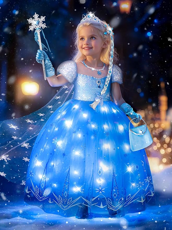 Princess Dress Up Clothes for Girls, Light Up Princess Costume for Girls Toddler Princess Dress, Halloween Costume for Girls, Princess Birthday Dress, LED Kids Princess Dress, 150