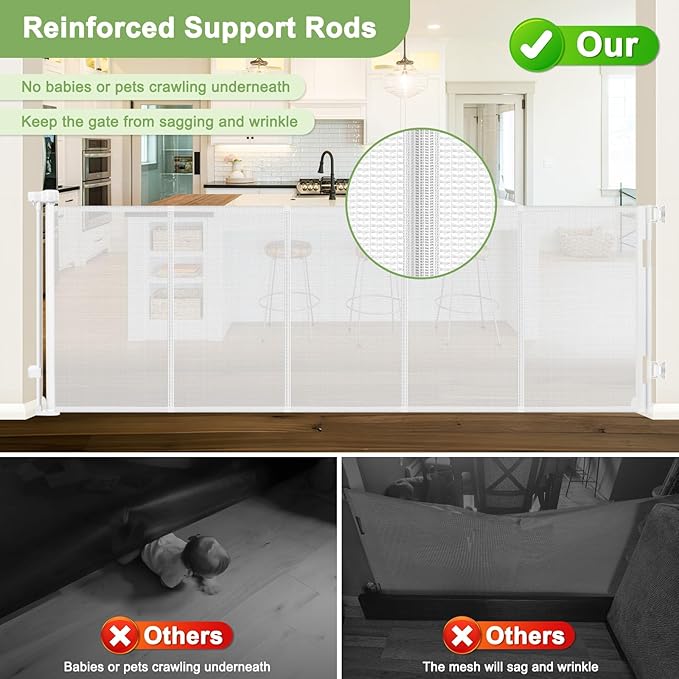 Reinforced 100 Inch Retractable Baby Gates for Doorways Extra Wide Baby Gates for Large Openings with Support Rods Retractable Baby Gate for Stairs Mesh Dog Gate Retractable Outdoor Retractable Gate