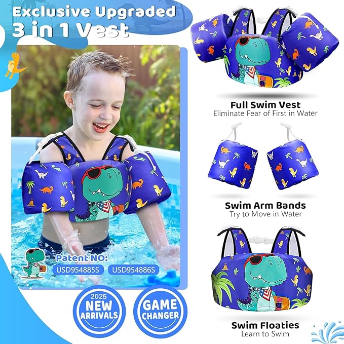Vvinca Separable Toddler Swim Vest Fit 22-66 Lbs（1-6 Years）|2025 Newest 3 in 1 Pool Float & Arm Bands Boys and Girls, Adjustable Sturdy Safety for Infant 1 2 3 4 5 6 Year