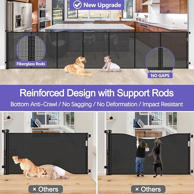 Reinforced 42 Inch Extra Tall Pet Gate with Support Rods, 96" Wide Retractable Baby Gate, Prevent Crawling Under Extra Tall Retractable Dog Gate Indoor Retractable Gate Outdoor Gates for Decks, Black