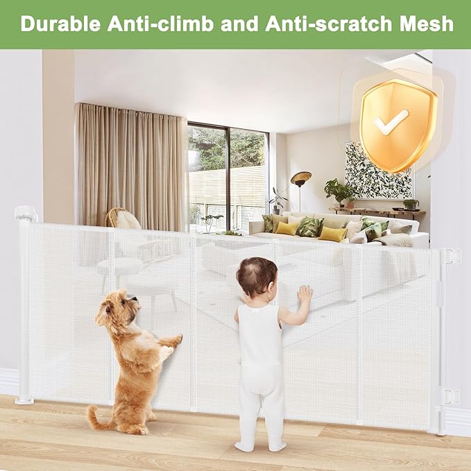 Reinforced 100 Inch Retractable Baby Gates for Doorways Extra Wide Baby Gates for Large Openings with Support Rods Retractable Baby Gate for Stairs Mesh Dog Gate Retractable Outdoor Retractable Gate