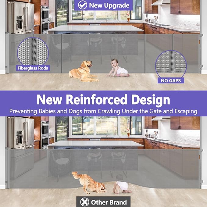 Reinforced 42" Extra Tall Pet Gate 155" Extra Wide Retractable Baby Gate with Support Rods - Prevent Crawling Under, Indoor/Outdoor Mesh Safety Gate Extra Wide Baby Gate Tall Baby Gates for Dogs, Gray