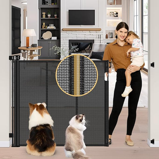 Reinforced 42" Extra Tall Pet Gate 55" Wide Retractable Baby Gate with Support Rods - Tall Retractable Dog Gate Indoor/Outdoor Retractable Gate, Bottom Anti-Escape Tall Dog Gates for Doorways, Black