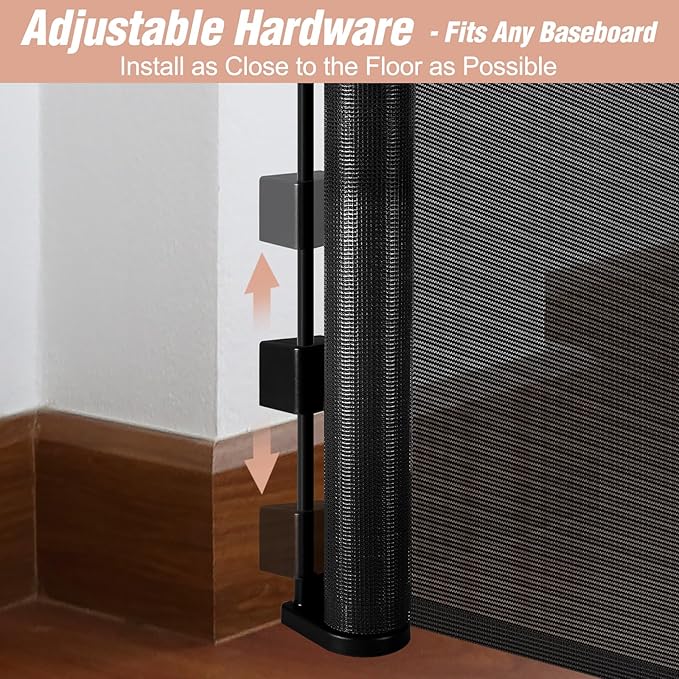 Reinforced 42" Extra Tall x 75" Wide Retractable Baby Gate with Support Rods - Prevents Crawling Under Extra Tall Dog Gate Indoor Mesh Gate Outdoor Long Baby Gate Tall Dog Gates for Doorways, Black