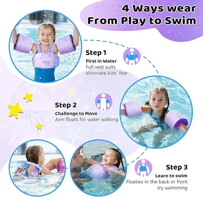 Vvinca Separable Toddler Swim Vest Fit 22-66 Lbs（1-6 Years）|2025 Newest 3 in 1 Pool Float & Arm Bands Boys and Girls, Adjustable Sturdy Safety for Infant 1 2 3 4 5 6 Year
