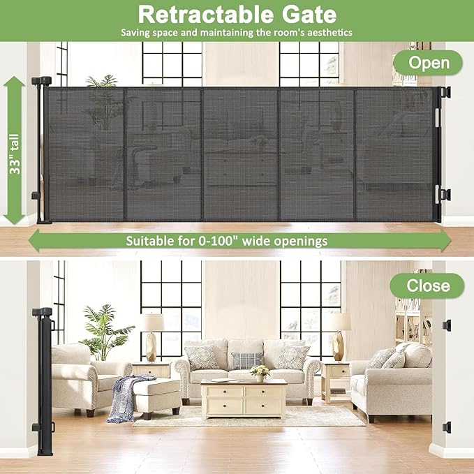 Reinforced 100 Inch Extra Wide Retractable Dog Gate for The House Extra Wide Retractable Baby Gates Extra Wide Retractable Pet Gate for Dogs Extra Long Baby Gate for Large Opening Kid Gate for Doorway