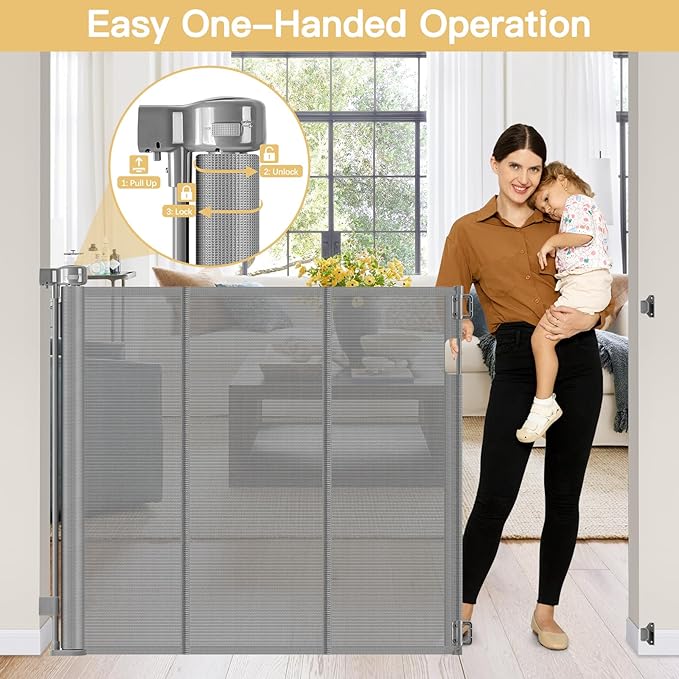 Reinforced 42" Extra Tall Baby Gate 55" Wide Retractable Dog Gate with Support Rods - Bottom Anti-Escape, Extra Tall Pet Gate Indoor Stair Gate Retractable Gates for Dogs Outdoor Gates for Decks, Gray