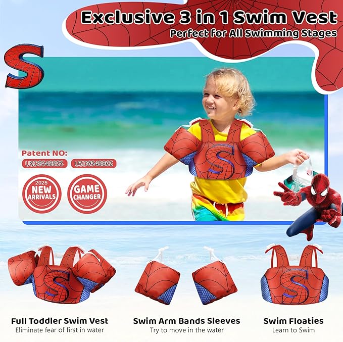 Vvinca Separable Toddler Swim Vest Fit 22-66 Lbs（1-6 Years）|2025 Newest 3 in 1 Pool Float & Arm Bands Boys and Girls, Adjustable Sturdy Safety for Infant 1 2 3 4 5 6 Year