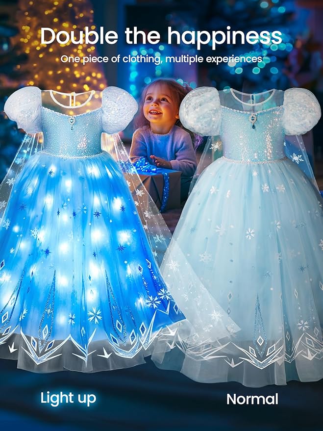 Princess Dress Up Clothes for Girls, Light Up Princess Costume for Girls Toddler Princess Dress, Halloween Costume for Girls, Princess Birthday Dress, LED Kids Princess Dress, 150