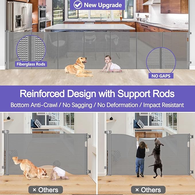 Reinforced 42" Extra Tall x 96" Wide Retractable Pet Gate with Support Rods-Prevent Crawling Under, Extra Tall Baby Gate Long Dog Gate Indoor/Outdoor Retractable Gate Tall Dog Gates for Doorways, Gray