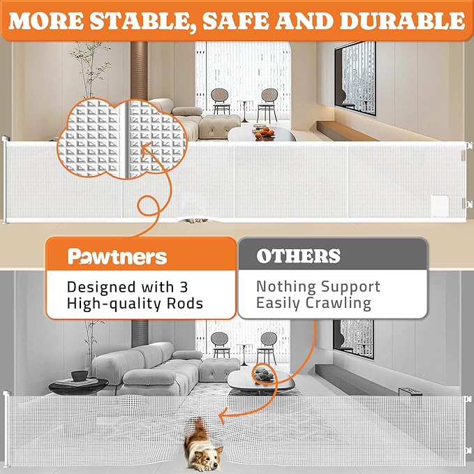 Pawtners Retractable Baby Gates Extra Wide, 41" Tall Extends up to 200" Wide, Dog Gate Indoor with Cat Door for Stairs, Pet Gate with Support Rods for Doorways Hallways Indoor & Outdoor-White