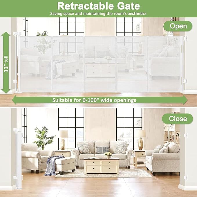 Reinforced 100 Inch Retractable Baby Gates for Doorways Extra Wide Baby Gates for Large Openings with Support Rods Retractable Baby Gate for Stairs Mesh Dog Gate Retractable Outdoor Retractable Gate