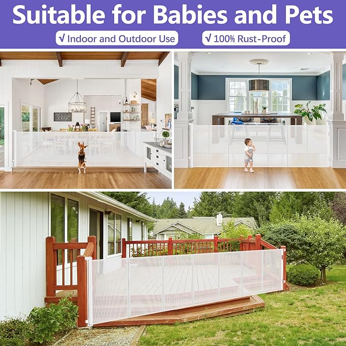 Reinforced 42 Inch Tall Retractable Baby Gates Extra Wide Dog Gate, 155 Inch Extra Long Baby Gate with Support Rods - Prevent Crawling Under, Indoor Retractable Gate Outdoor Extra Tall Dog Gate, White