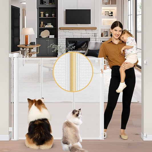 Reinforced 42" Extra Tall Retractable Baby Gates Extra Tall Dog Gate with Support Rods, 55" Wide Mesh Baby Gate Retractable Pet Gate Indoor/Outdoor Tall Baby Gates for Dogs - Bottom Anti-Escape, White