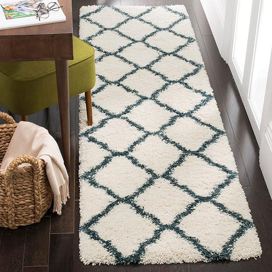 SAFAVIEH Hudson Shag Collection Runner Rug - 2'3" x 6', Ivory & Slate Blue, Moroccan Trellis, Non-Shedding & Easy Care, 2-inch Thick Ideal for High Traffic Areas in Living Room, Bedroom (SGH283T)