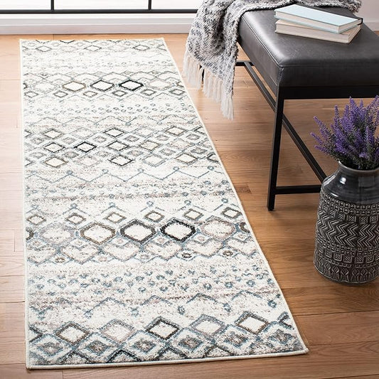 SAFAVIEH Amsterdam Collection Runner Rug - 2'3" x 14', Ivory & Grey, Moroccan Boho Design, Non-Shedding & Easy Care, Ideal for High Traffic Areas in Living Room, Bedroom (AMS108A)
