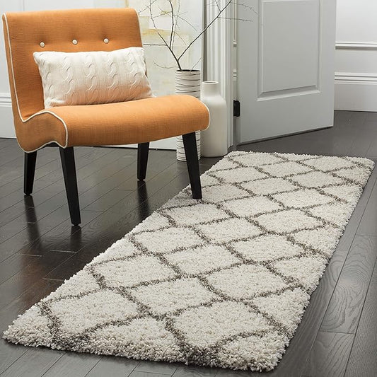 SAFAVIEH Hudson Shag Collection Runner Rug - 2'3" x 12', Ivory & Grey, Moroccan Trellis Design, Non-Shedding & Easy Care, 2-inch Thick Ideal for High Traffic Areas in Living Room, Bedroom (SGH283A)