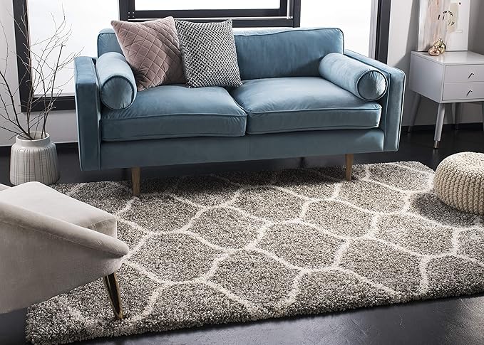 SAFAVIEH Hudson Shag Collection 9' Square Grey/Ivory SGH280B Moroccan Ogee Trellis Non-Shedding Living Room Bedroom Dining Room Entryway Plush 2-inch Thick Area Rug