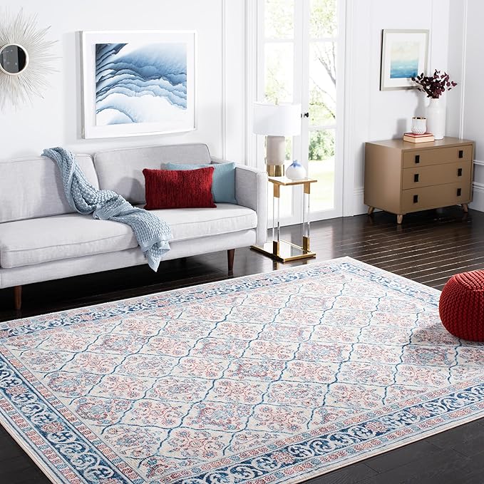 SAFAVIEH Brentwood Collection 8' x 10' Beige / Navy BNT870B Oriental Damask Trellis Non-Shedding Living Room Bedroom Dining Home Office Area Rug