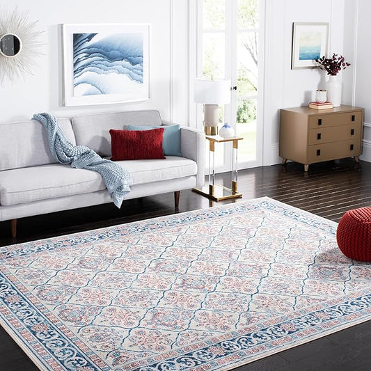 SAFAVIEH Brentwood Collection 8' x 10' Beige / Navy BNT870B Oriental Damask Trellis Non-Shedding Living Room Bedroom Dining Home Office Area Rug